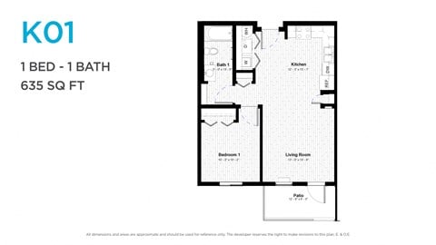 Floor plan for 1 bed, 1 bath, 641 sqft